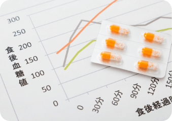 食後血糖値の推移を示すグラフと薬のイメージ